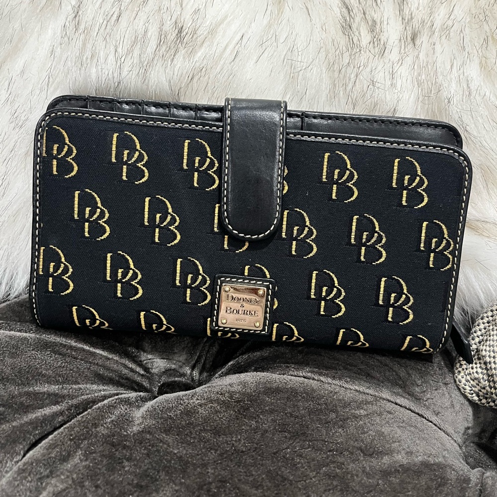 Dooney & Bourke Black Wallet with Gold Monogram w Check Book Insert